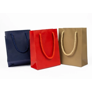 Elegant gift paper bags with woven rope handles in blue, red and champagne gold