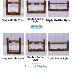 Detailed grid showing wooden hydroponic stands with single, double and triple glass bulb vases