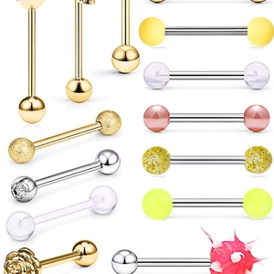 Set of 14 stainless steel tongue rings in various colors and styles for body piercing