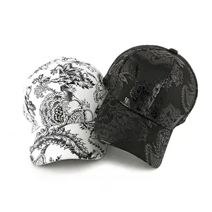 Unisex baseball caps with Chinese floral paisley jacquard fabric in black and white