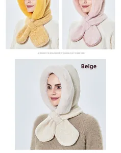 Detailed comparison of plush hooded scarf hats in ginger yellow, pink, and beige tones