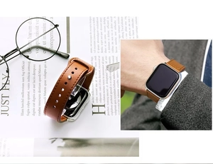 Brown leather magnetic strap for Apple Watch with fine stitching and silver metal link