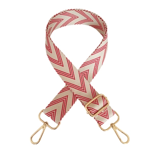 Adjustable red and white V-pattern woven canvas strap with gold metal hooks for bags