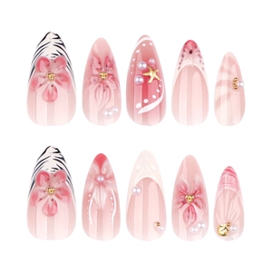 Handmade 3D flower press-on nails with pink gradient, pearls, and starfish accents