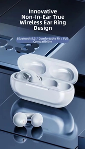 Detailed 3D render of pearl white ear-clip wireless headphones with Bluetooth 5.3 case