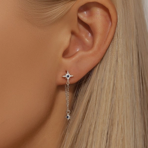 Detail of S925 silver star tassel earring with blue zircon stone on model