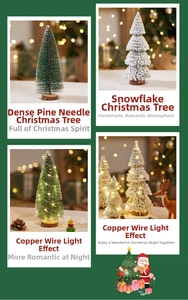 Mini Christmas tree with flocked snow and LED copper lights on a wooden base