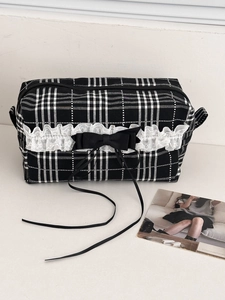 Trousse De Maquillage À Carreaux En Coton Grande Capacité Avec Bordure En Dentelle Et Nœud En Ruban Organisateur De Rangement