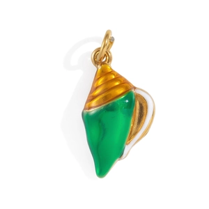Detailed close-up of a conch-shaped 18K gold-plated pendant with vibrant enamel inlay