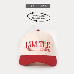 Detailed view of bicolor cotton baseball cap with red embroidery and size specifications