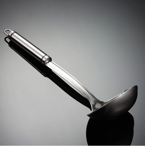 Sleek 304 stainless steel oil filter spoon with long handle and hook on black surface