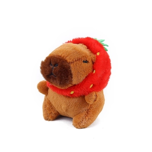 Cute Capybara plush keychain with a red strawberry hat, brown stuffed animal toy charm