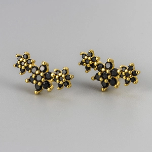 Elegant gold flower stud earrings featuring micro-paved black zircon stones for women