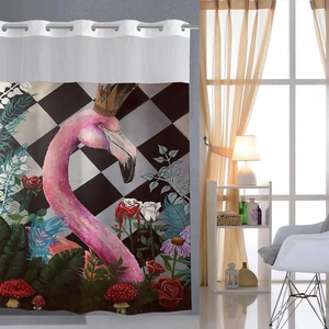 Detail of waffle print shower curtain with pink flamingo and silver metal grommets