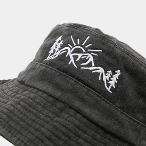 Washed cotton mountain sun embroidery bucket hat in charcoal grey with wide brim