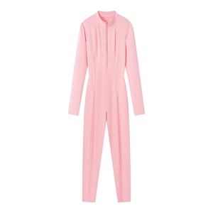 Pink slim fit long sleeve jumpsuit with stand collar and zipper front view