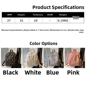 Detailed size chart and four color options for the floral print school backpack