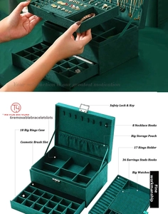 Deep green velvet jewelry box with double layers, metal lock, and multi-functional slots