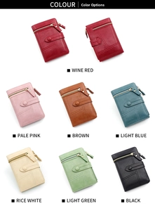 Collection of multi-color PU leather tri-fold wallets featuring zippers and metal buckles