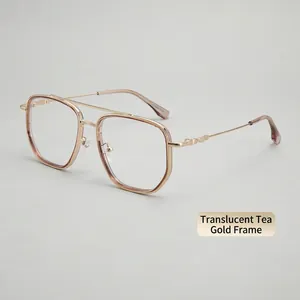 Fashion double-bridge blue light blocking glasses with a transparent tea and gold frame