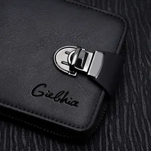 Business men's black leather wallet featuring a premium metal buckle and textured finish