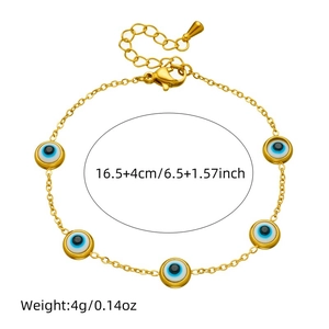 Golden stainless steel chain bracelet with evil eye pendants for women, white background
