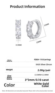 Detailed product size chart for S925 silver square zircon hoop earrings with dimensions
