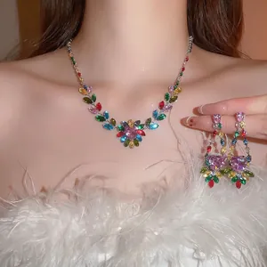 Colorful Zircon Heart Leaf Jewelry For Women Necklace And Earrings With 925 Sterling Silver Earring Post Copper Luxury