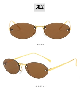 Front and 45-degree views of rimless oval sunglasses with brown lenses and gold frame
