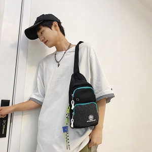 Waterproof black streetwear chest bag with blue trim and mesh print for outdoor sports