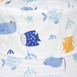 Cartoon ocean pattern sun bucket hat for kids with colorful fish and starfish prints
