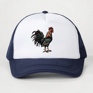 Detailed close-up of a blue mesh trucker hat with a colorful rooster print on white panel