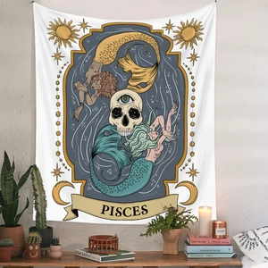 Pisces constellation wall tapestry with mermaid and skull design for room decor