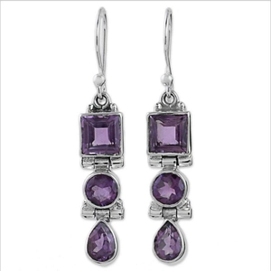 Vintage style amethyst dangle earrings with geometric purple stones and silver hooks