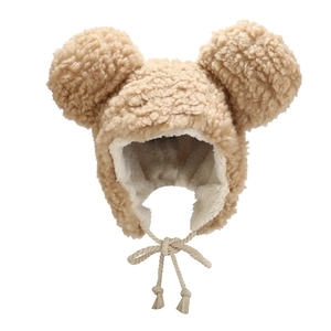Cute lamb wool hat with bear ears and braided tassels for winter warmth in light brown
