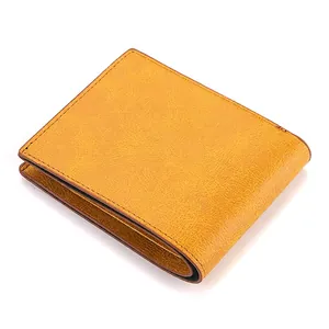 Classic yellow bifold men's wallet with vintage texture and stitched edges on white background