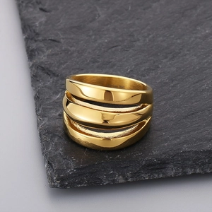 Detail of three-layer gold stainless steel ring featuring a high-polished finish