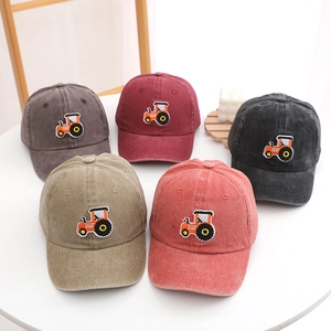 Kids Baseball Cap Washed Cotton Cartoon Tractor Embroidery Adjustable Sun Hat For Boys And Girls Vintage Style