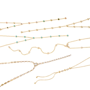 Layered 18K gold plated stainless steel Y-necklaces with colorful crystal pendants