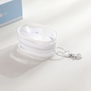 Transparent oval PVC figure display pouch with white zipper and metal keyring hook