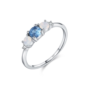 Elegant S925 sterling silver ring with blue crystal and synthetic opal side stones