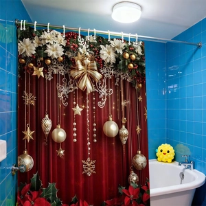 Detail of red Christmas shower curtain with snowflakes, golden ornaments and poinsettia motifs