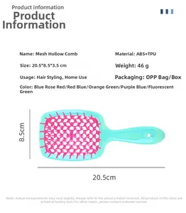 Detailansicht der 20,5 cm Entwirrbürste mit Maßen und ABS-TPU-Gitterdesign in Blau-Rosa