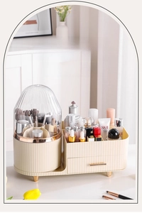 Detail view of large-capacity rotating cosmetic organizer with dustproof acrylic lid