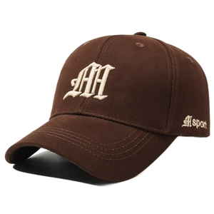 Classic dark brown cotton baseball cap with white embroidered letters in a trendy style