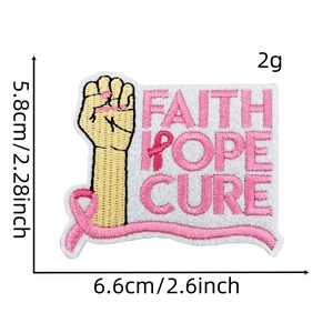 Detail of pink ribbon embroidery patch showing Faith Hope Cure text and 6.6x5.8cm dimensions
