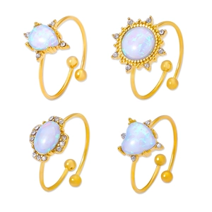 18K gold plated opal and rhinestone adjustable open rings in four diverse shapes