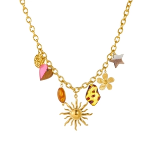 Bohemian gold chain necklace with leopard acrylic heart and floral wooden charms