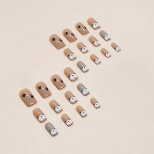 24pcs cute puppy and paw print press-on nails in nude, brown and grey tones