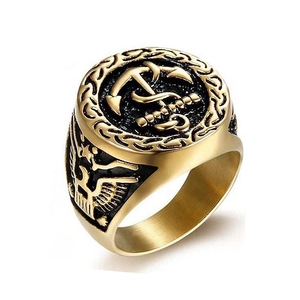 Gold plated stainless steel eagle anchor ring for men in vintage nautical style